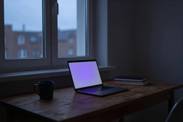 A solitary workspace at dusk: a laptop on a worn desk by a window in fading blue light